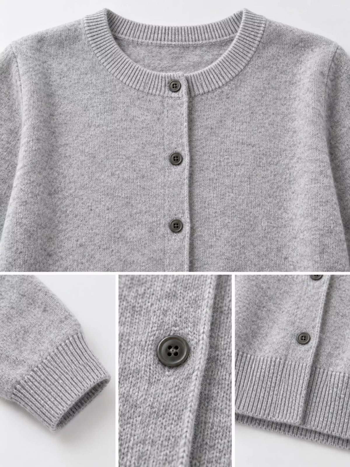Gray crew neck button-front cardigan, knit and button details