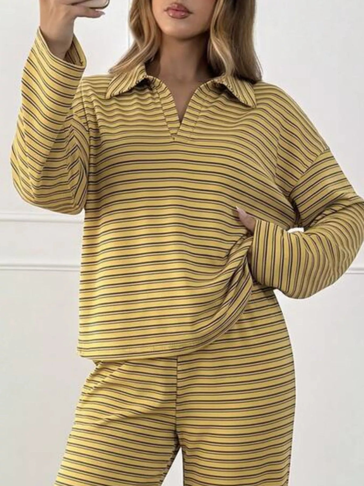 Striped Polo Top and Wide-Leg Pants Set, top detail