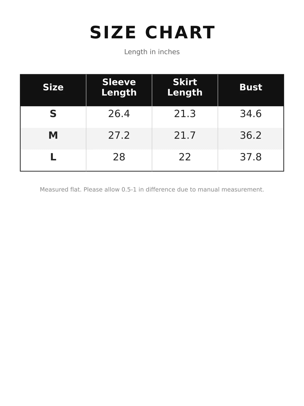 Size chart for button up ribbed waist cardigan