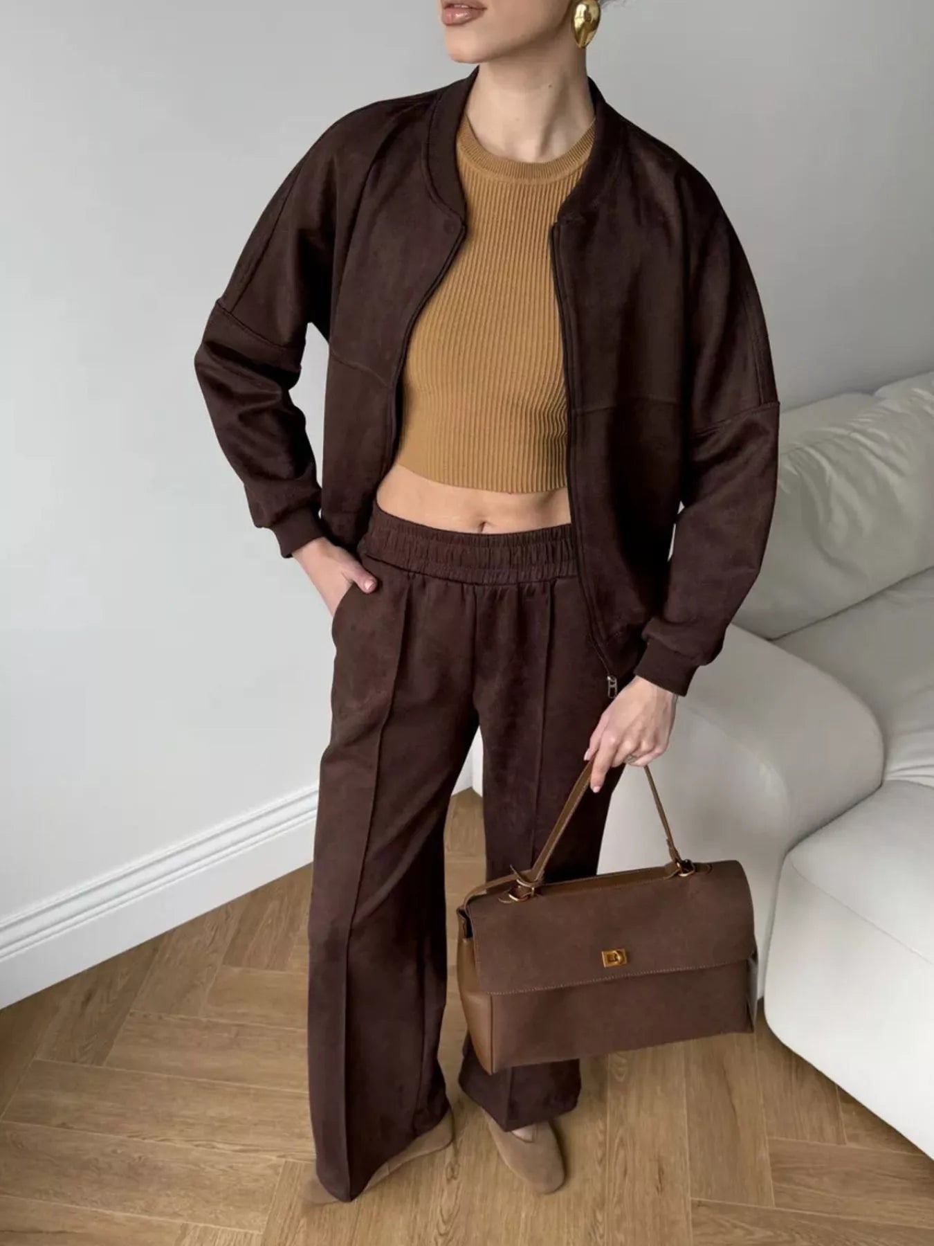 Trendsi Zip Up Sweatshirt and Wide-Leg Pants Set -