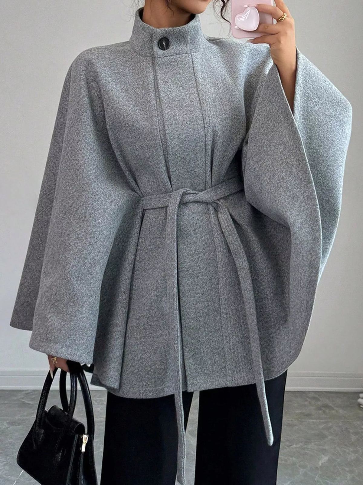 Gray tie-waist cape — front view