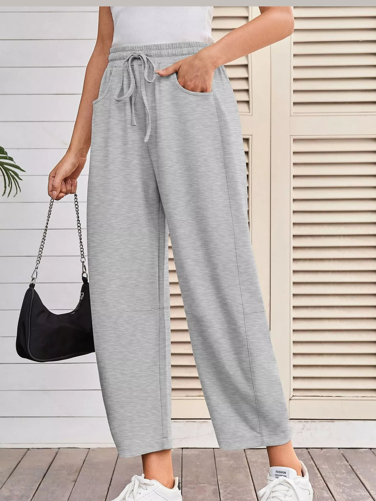 Wide-Leg Active Pants with Drawstring — front view