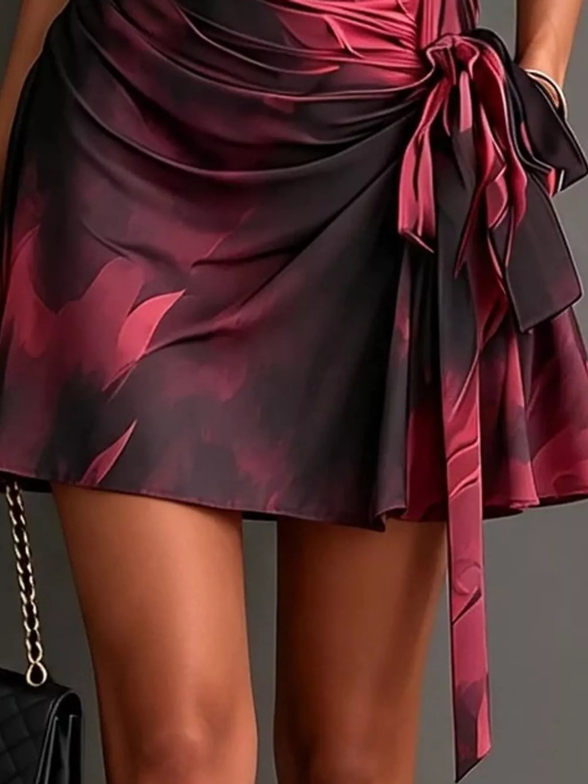 Red and black tie-detail surplice dress, mini skirt detail