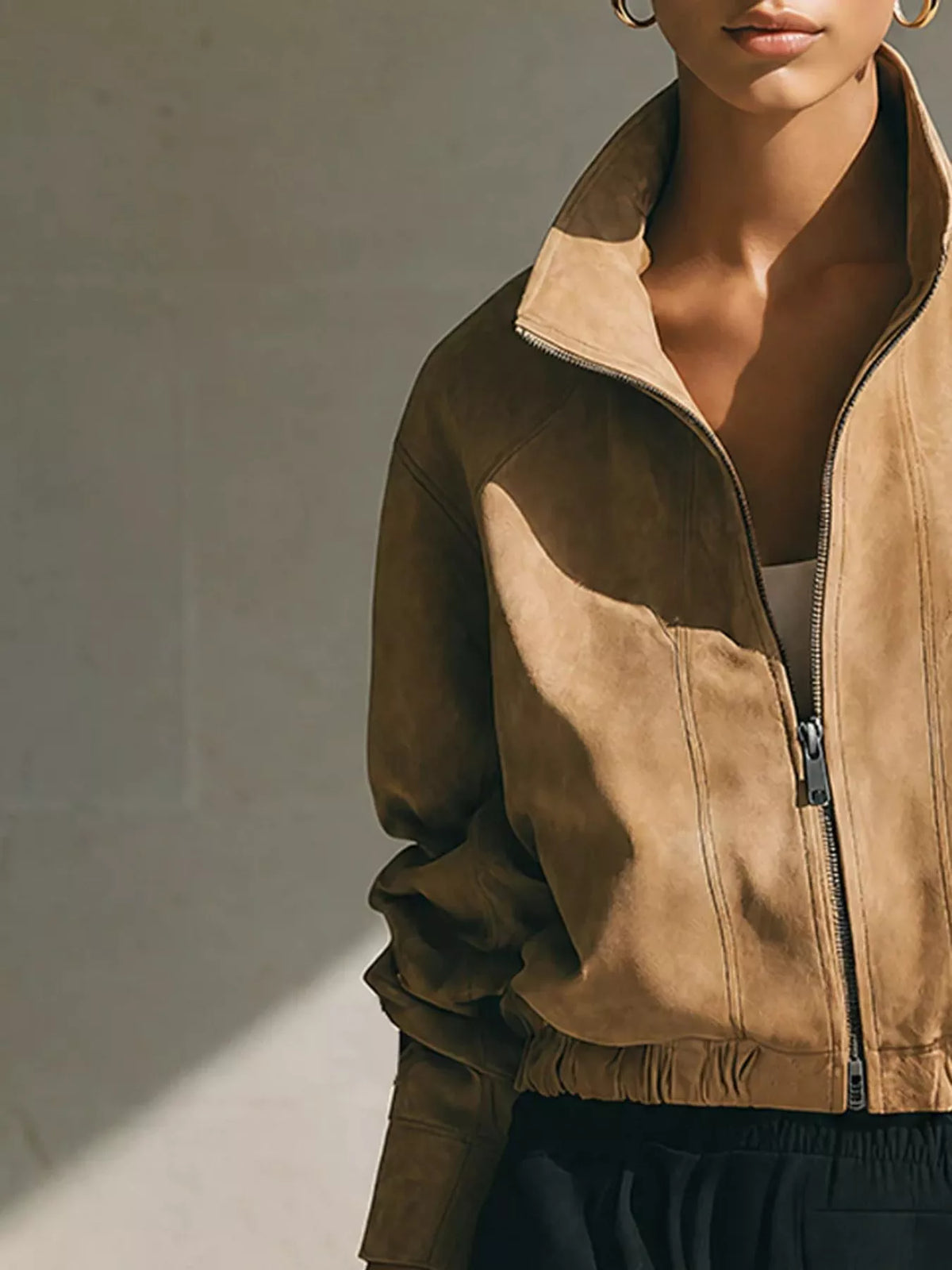 Faux Suede Zip-Up Stand Collar Cropped Jacket, collar detail