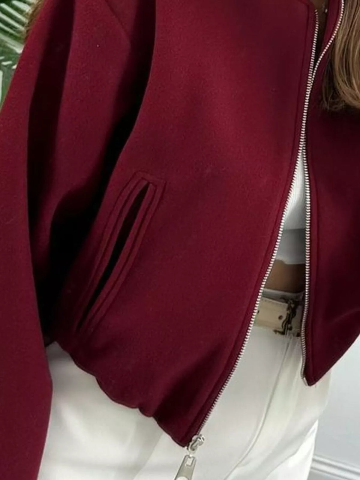 Cropped Round-Neck Zip-Up Jacket — garment construction details