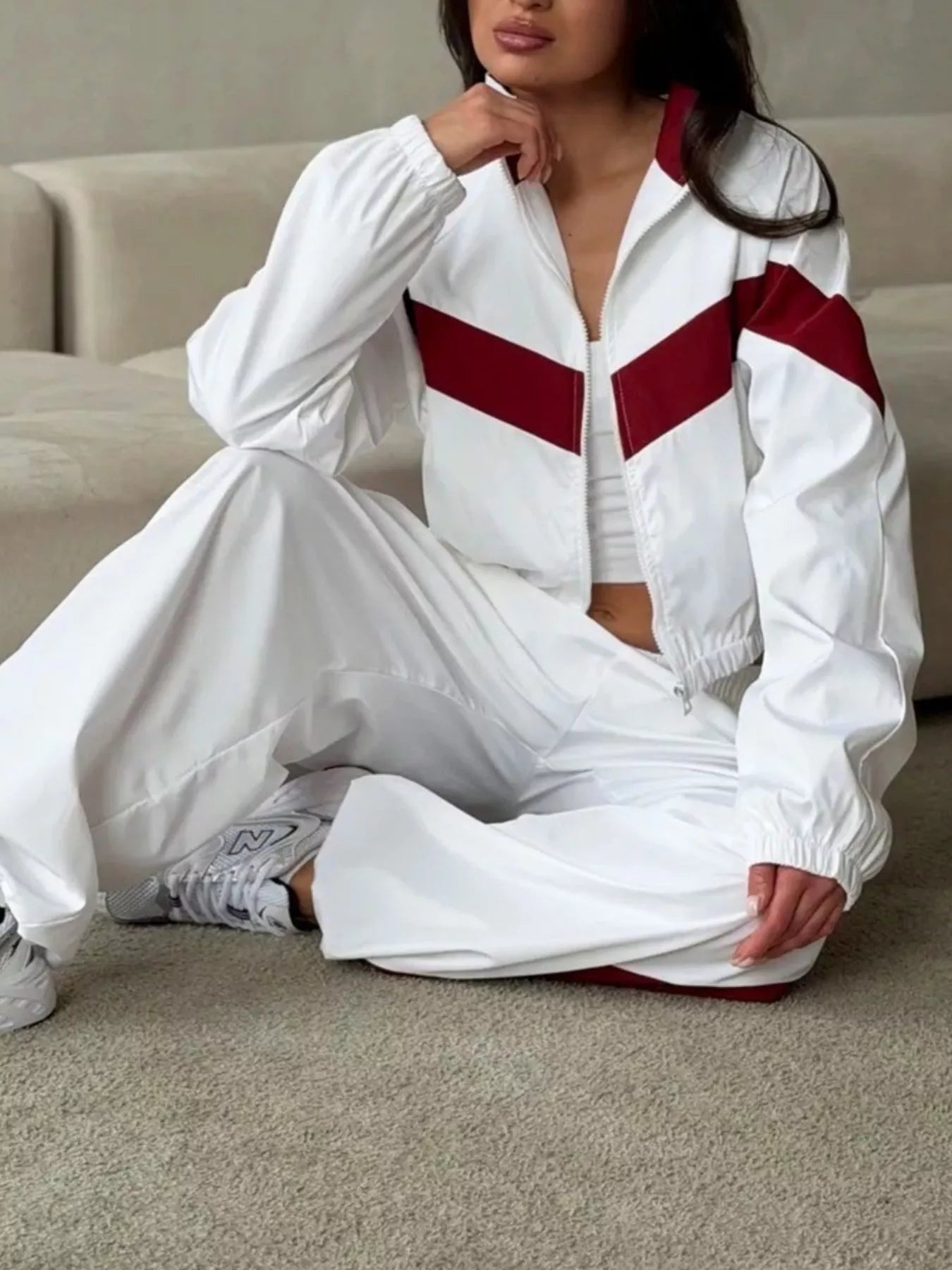 Trendsi Color Block Zip Up Outerwear and Pants Set -