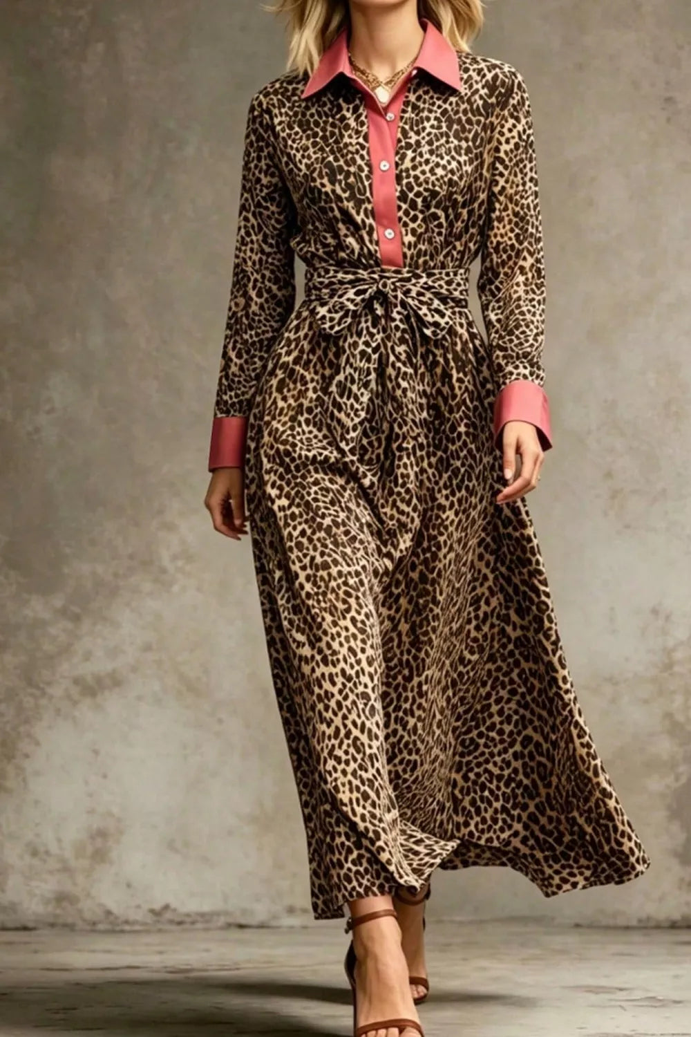 Trendsi Leopard Print Belted Maxi Shirt Dress -