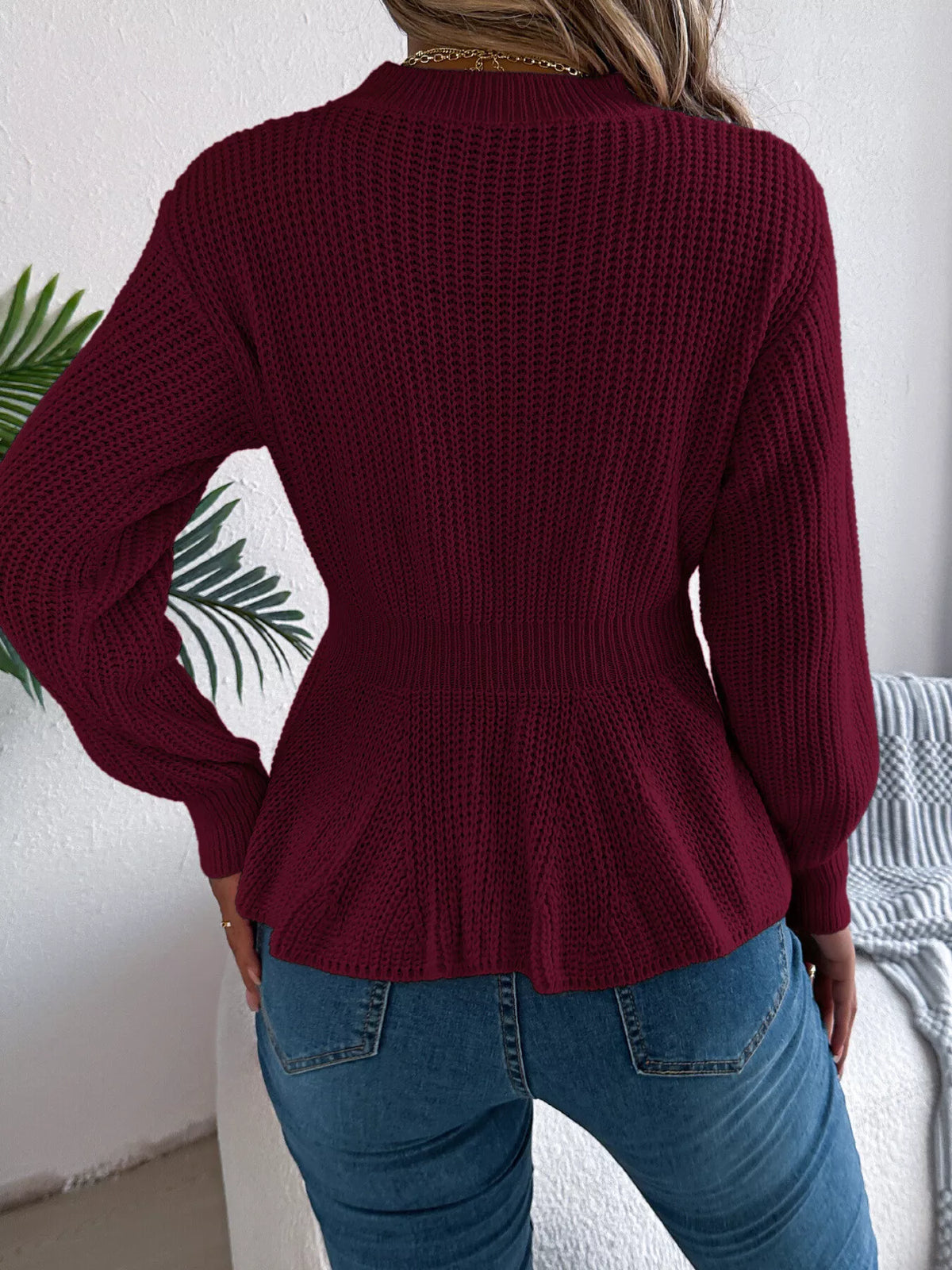 Cable Knit Peplum Sweater in burgundy, back view