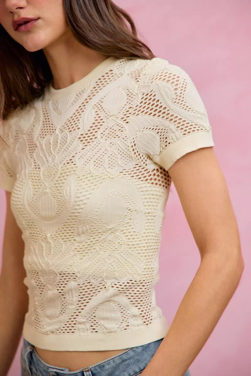 Women's Floral Perforated Short Sleeve Textured Knit Top — product view 4