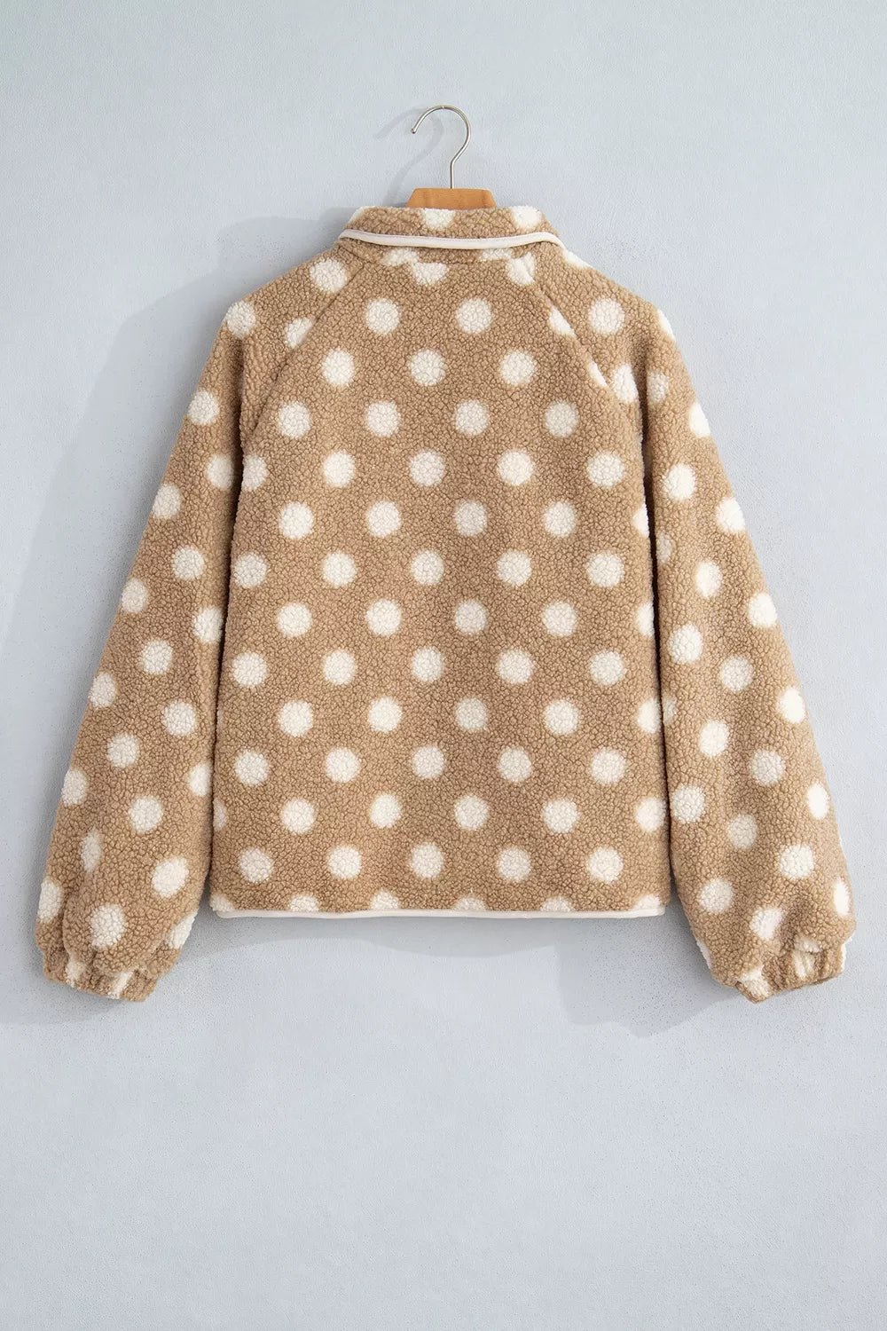 Tan and white polka dot faux fur button-front jacket with zip pockets, back product view
