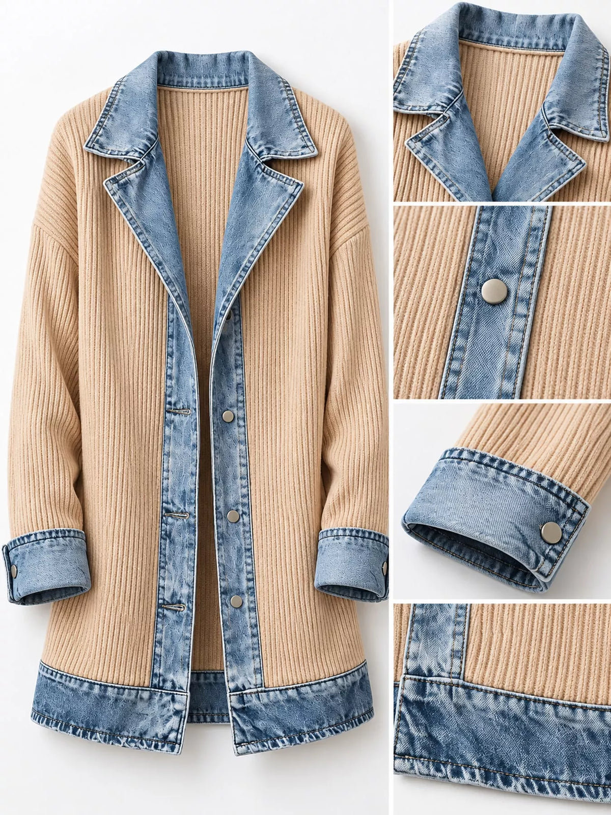 Beige denim trim ribbed knit cardigan, denim-trim lapel, buttons, cuffs, and hem close-ups