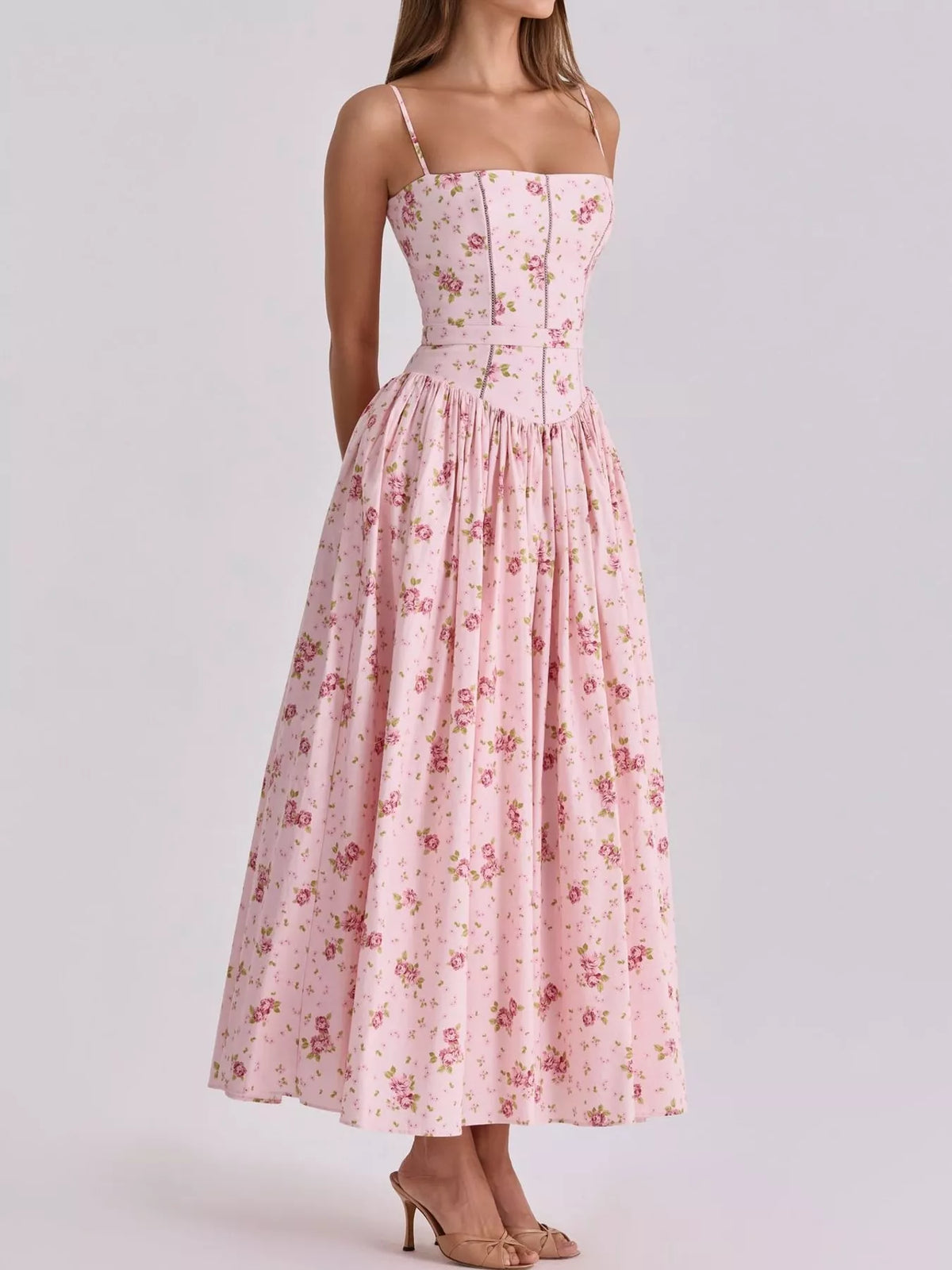Women's Paneled Bodice Gathered Midi Dress in pink floral — front view