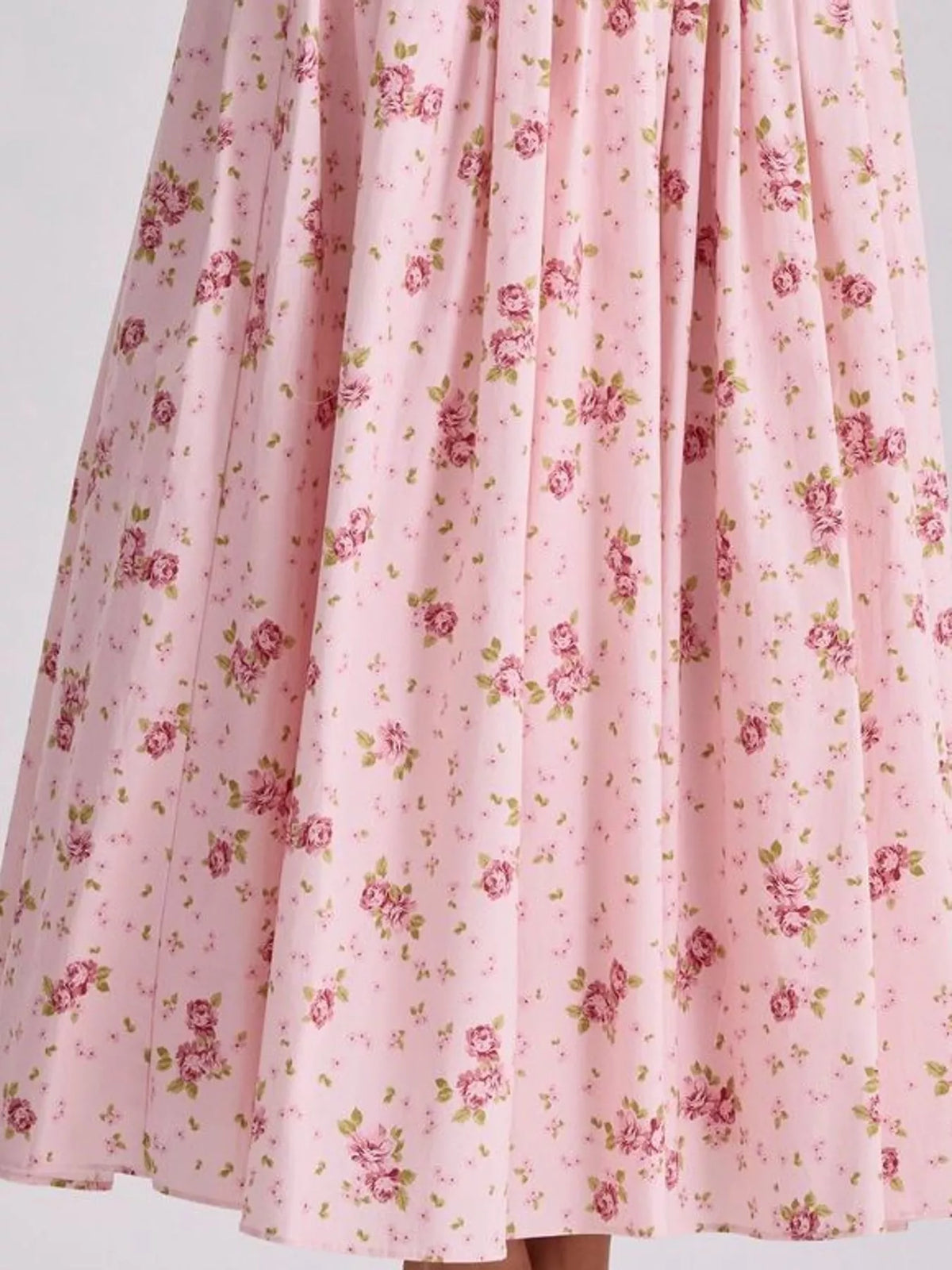 Women's Paneled Bodice Gathered Midi Dress in pink floral — print detail view