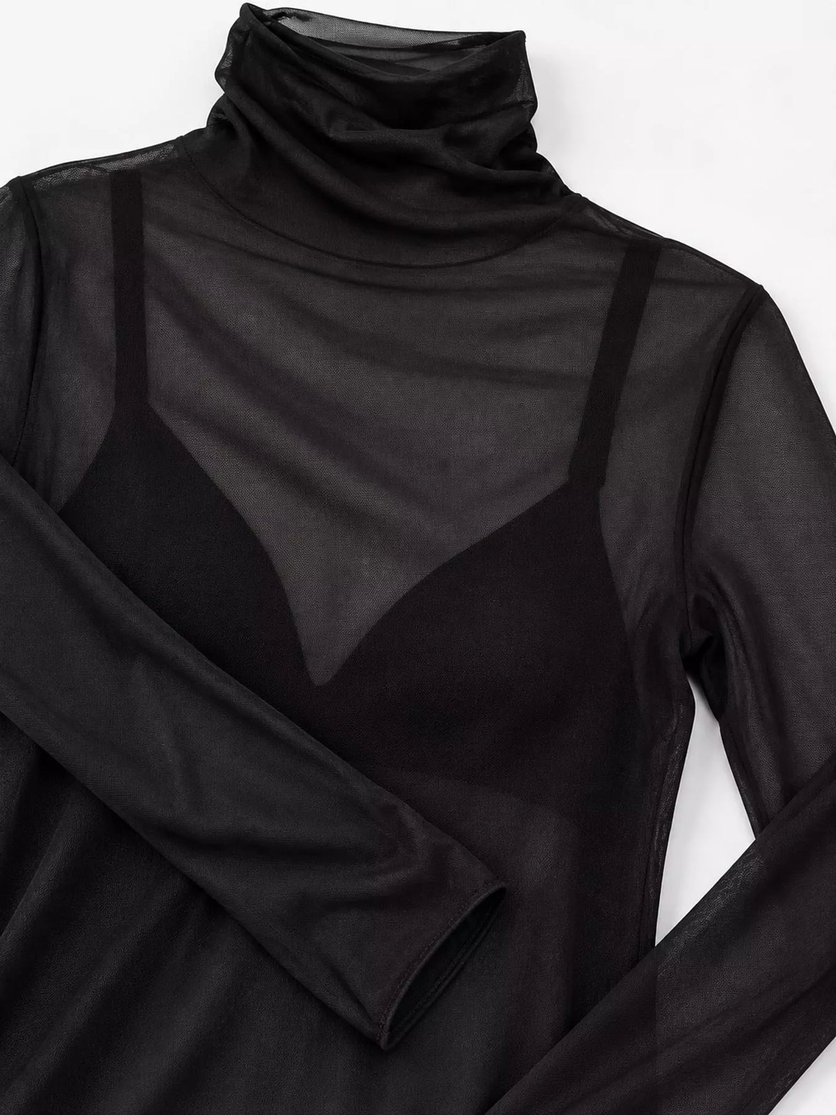 Black sheer turtleneck mesh t-shirt, high neckline and sheer bodice