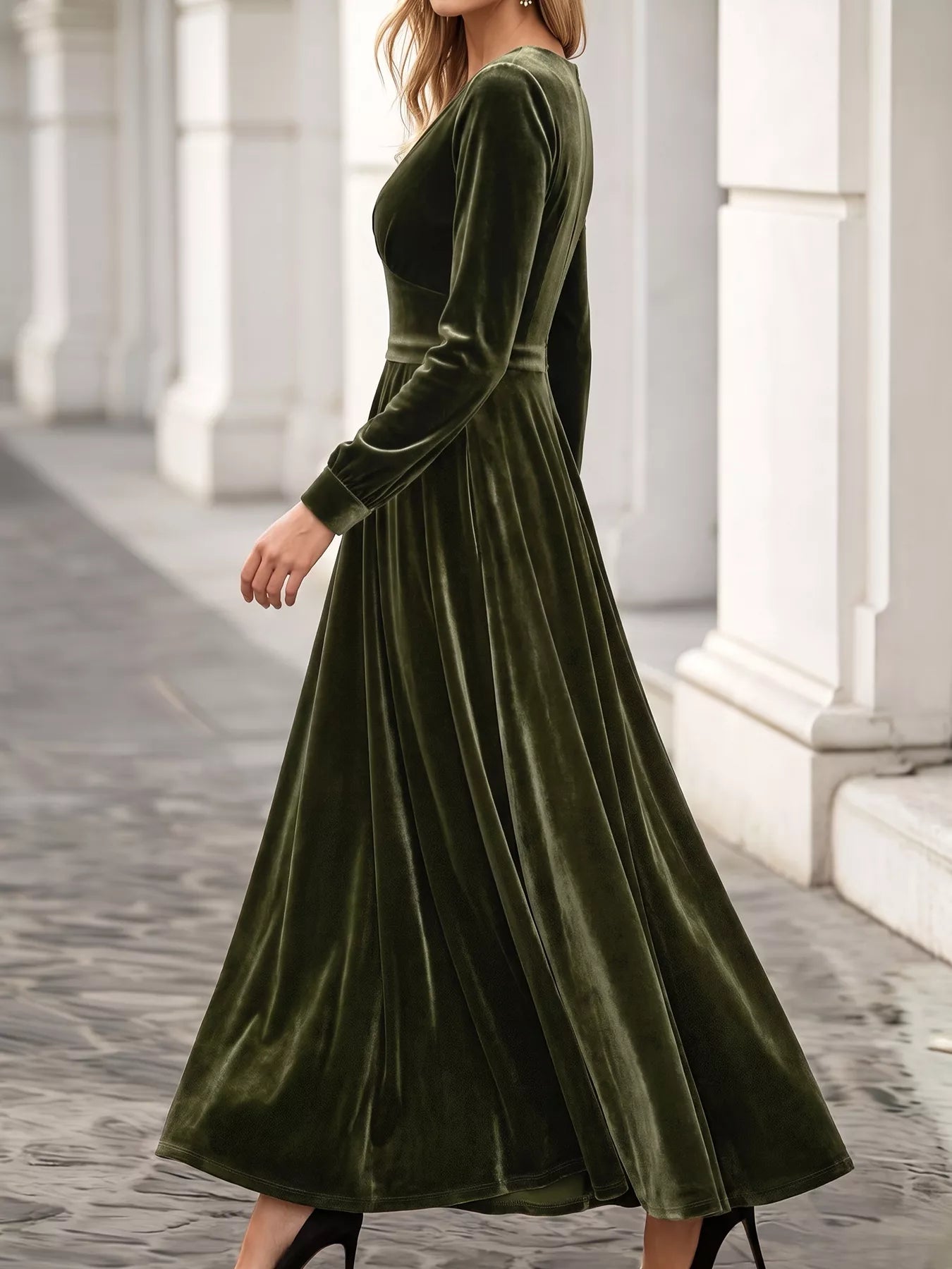 Trendsi Plus Size V-Neck Long Sleeve Velvet Maxi Dress -
