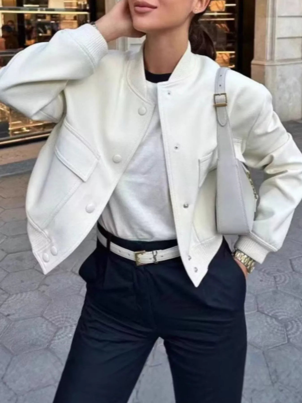 Snap-Down Cropped Bomber Jacket, front view
