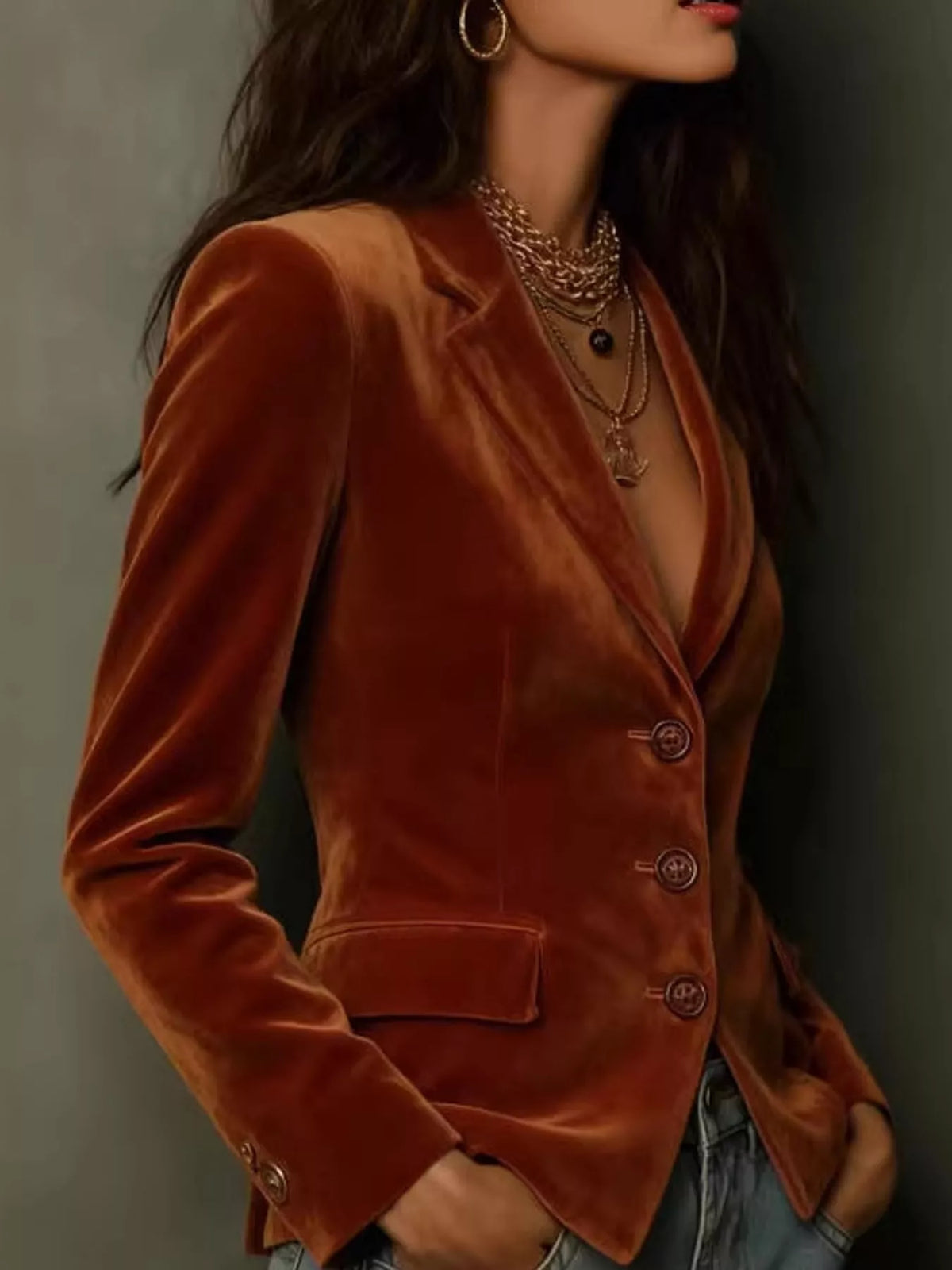 Collared long sleeve blazer, side view