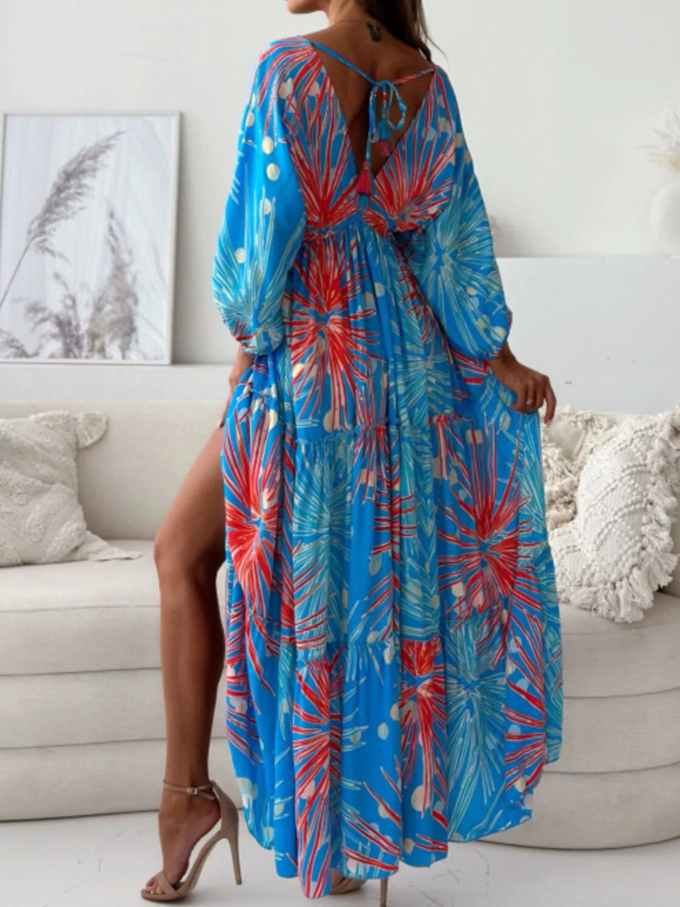 Trendsi Printed V-Neck Balloon Sleeve Slit Maxi Dress -