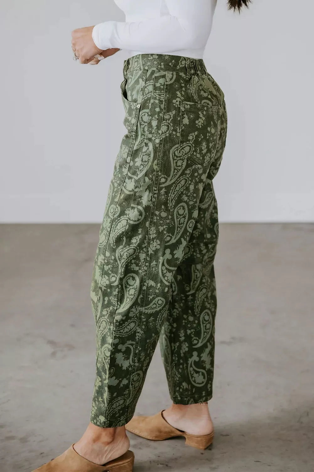 Green paisley print harem denim pants, side view