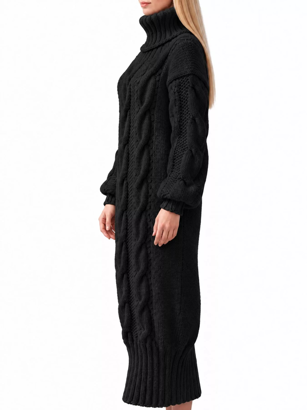 Black oversized cable knit turtleneck sweater dress