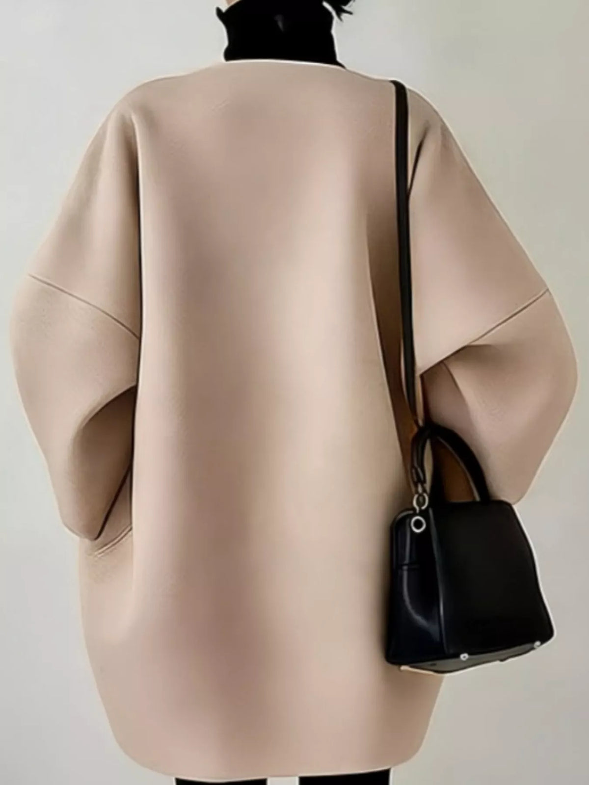Khaki oversized scuba-style coat, back view