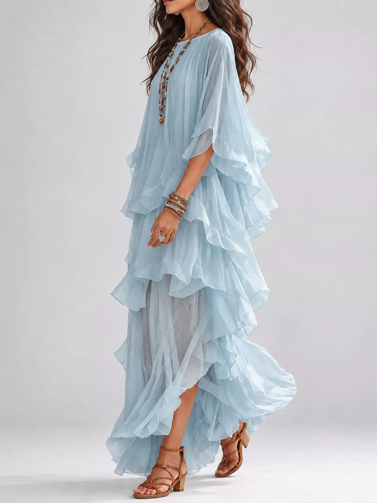 Light blue ruffled layered bohemian maxi dress, side view