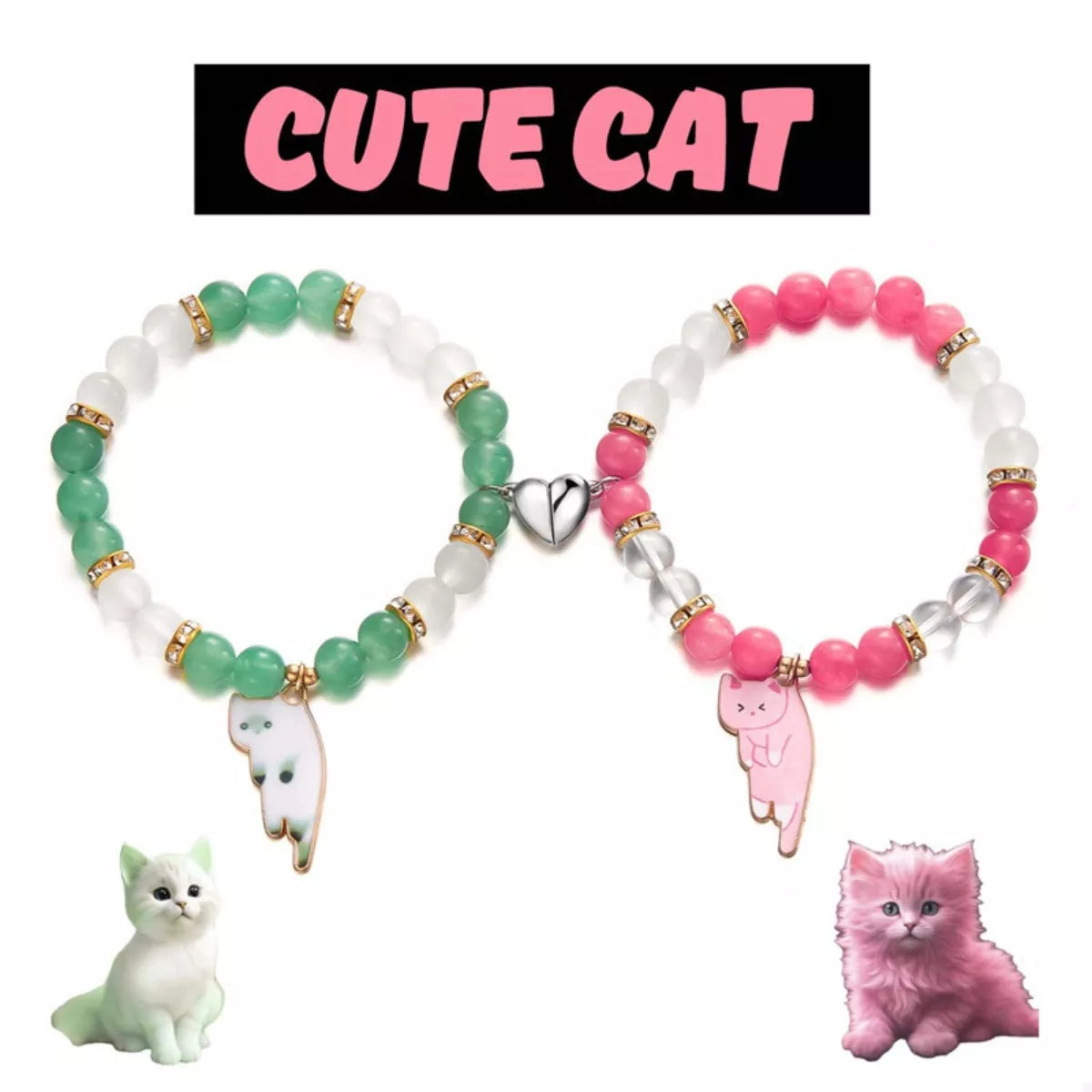 Trendsi 2 Piece Beaded Cat Charm Bracelet -