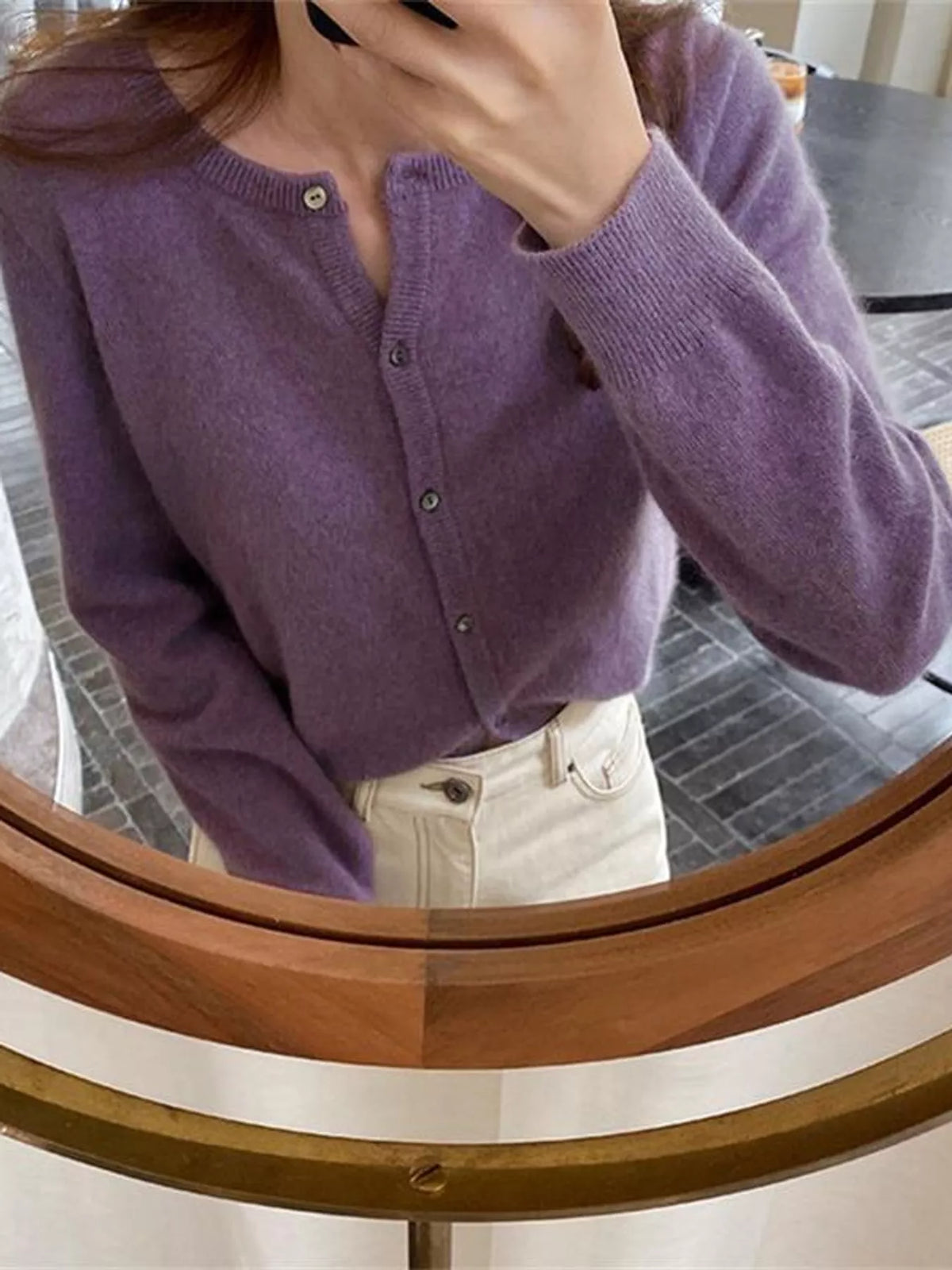 Women's Crew Neck Button-Down Knit Cardigan in purple — front view