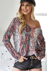 Trendsi BiBi Snakeskin Print Low Gauge Hacci V Neck Top -