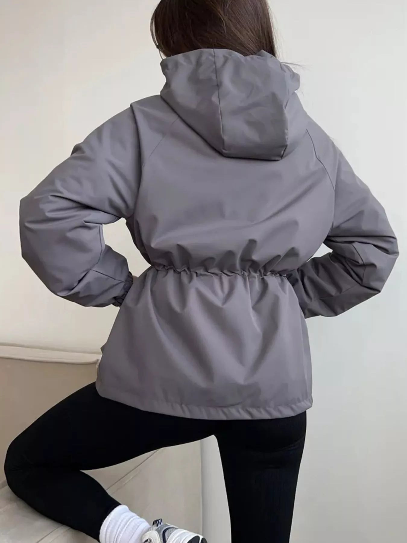 Trendsi Drawstring Waist Hooded Windbreaker Outerwear -