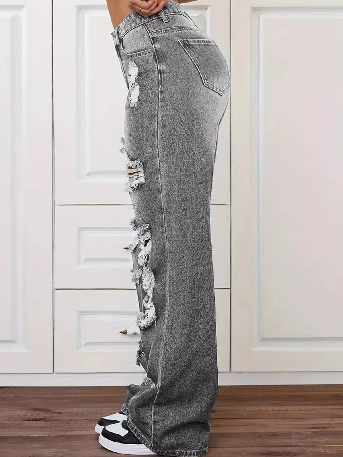 Distressed Wide-Leg Jeans in gray, side view