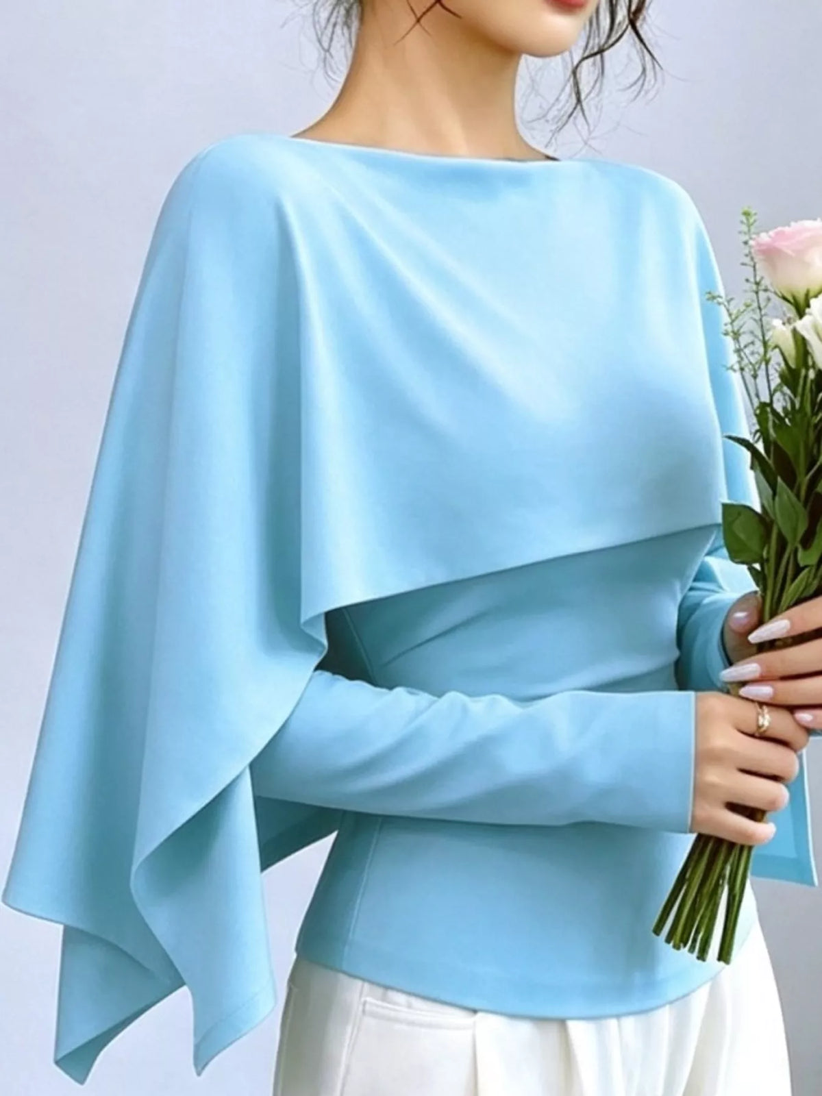 Layered Cape-Style Blouse with Slim-Fit Bodice — front view