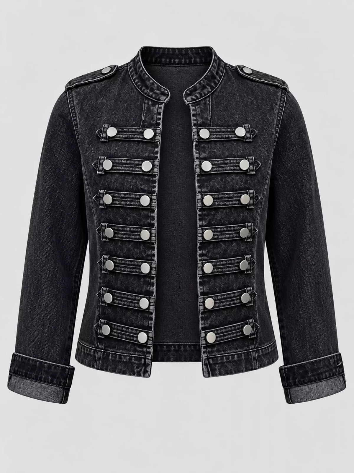 Decorative Button Cropped Denim Jacket — garment front