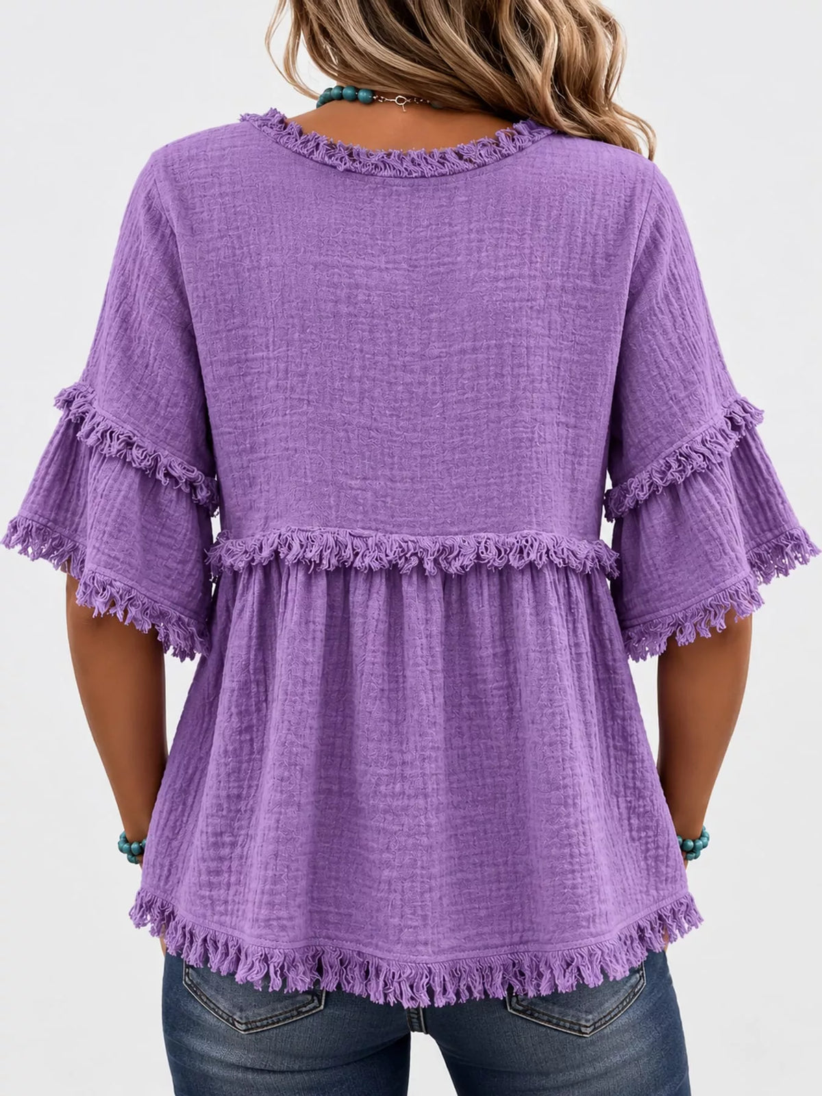 Purple frayed edge textured blouse, back view