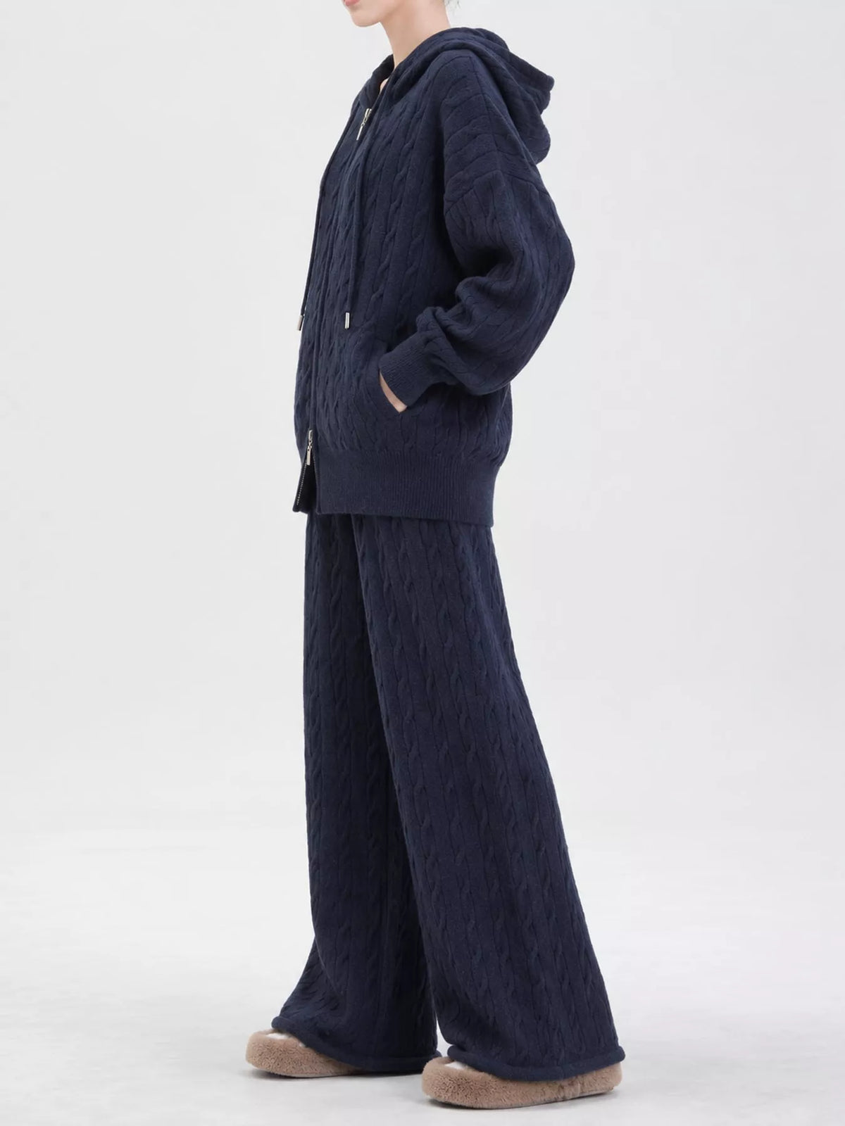 Cable-knit cardigan and pants set, navy side