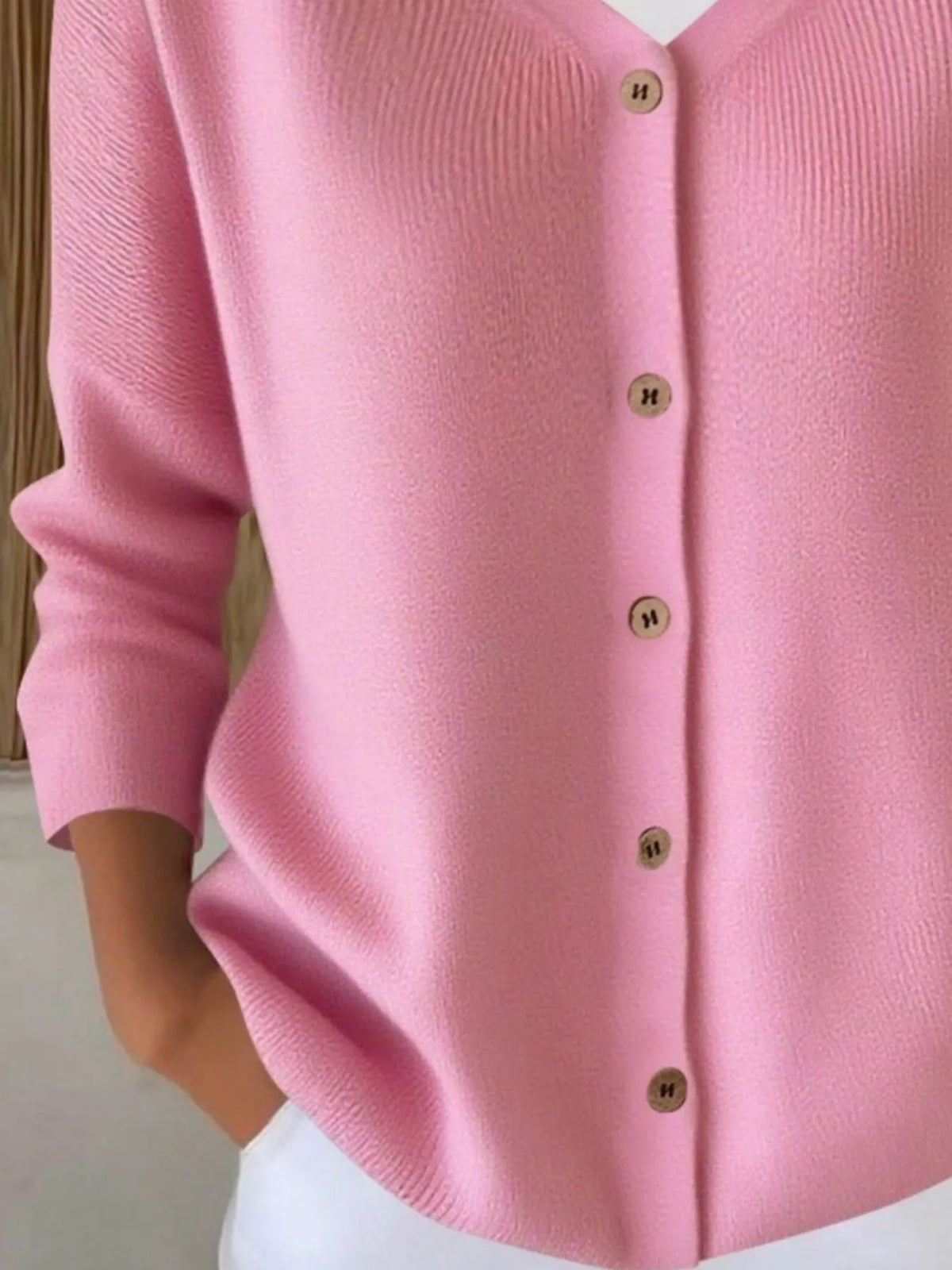 Pink ribbed button-front cardigan, button-front detail