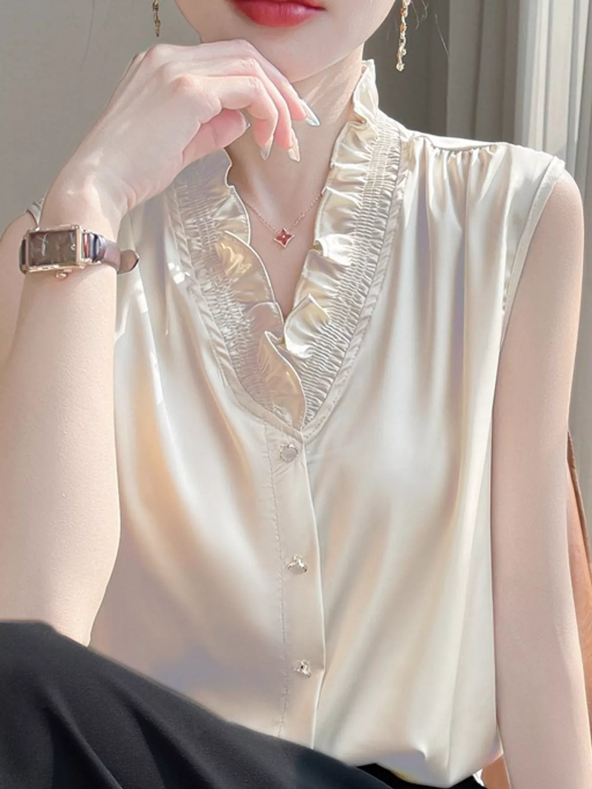 Sleeveless Ruffled V-Neck Satin Shirt — front view