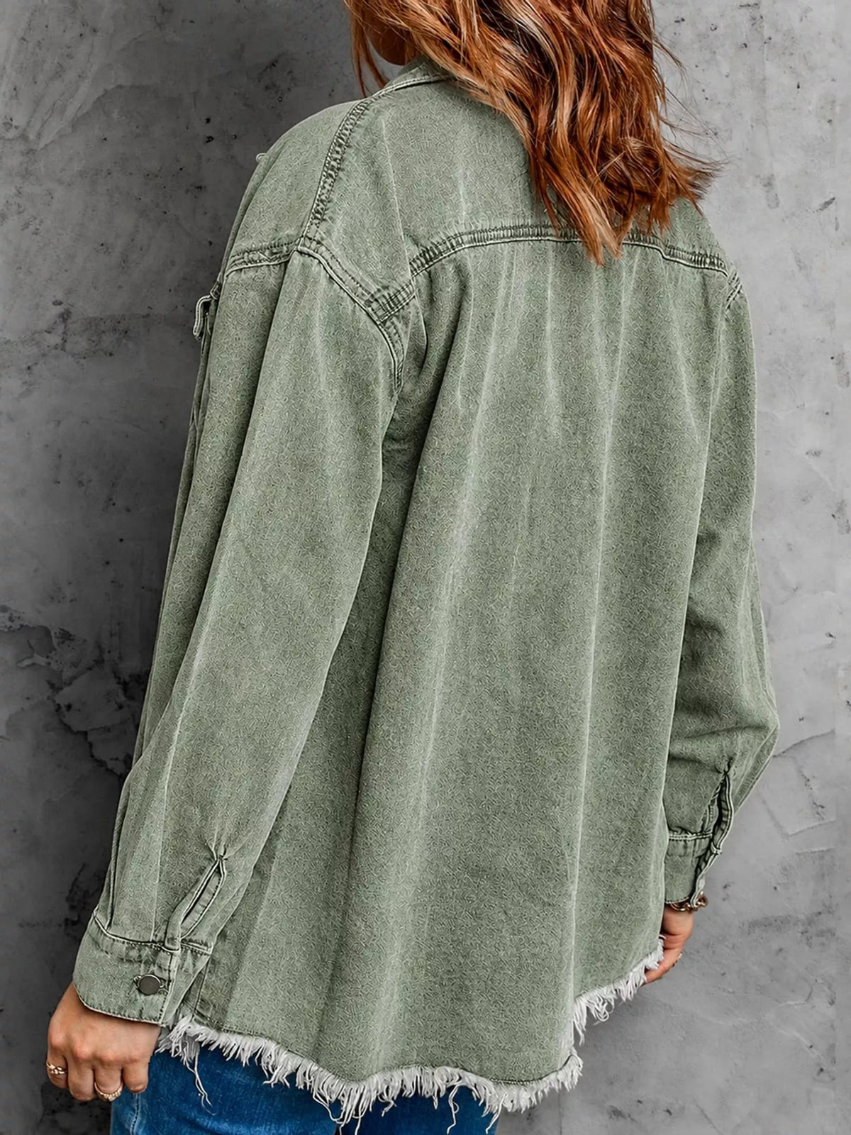 Green raw hem button-up denim jacket — back view