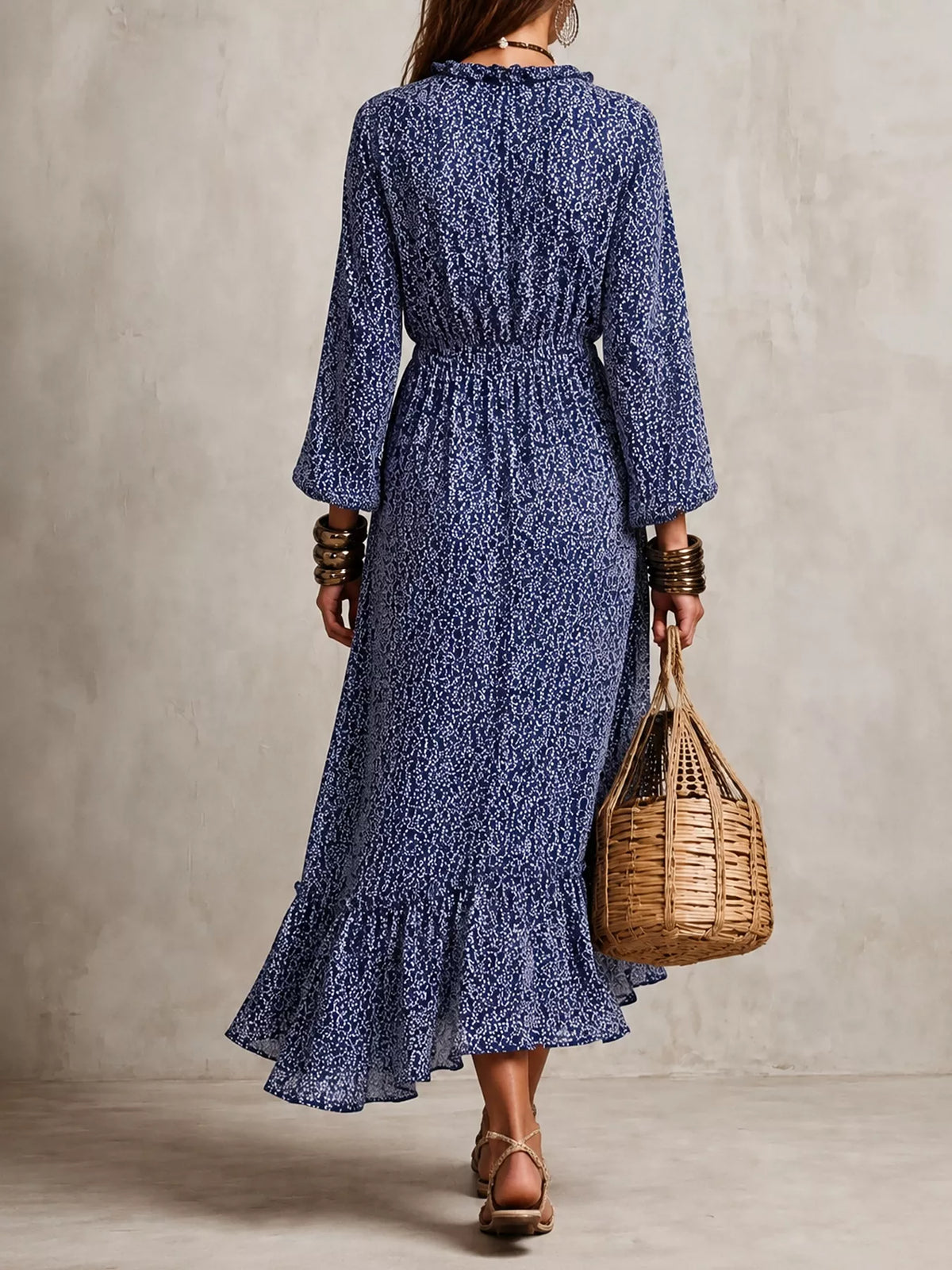 Women's Floral Print Long-Sleeve Ruffle Hem Midi Dress in Royal Blue, alternate view