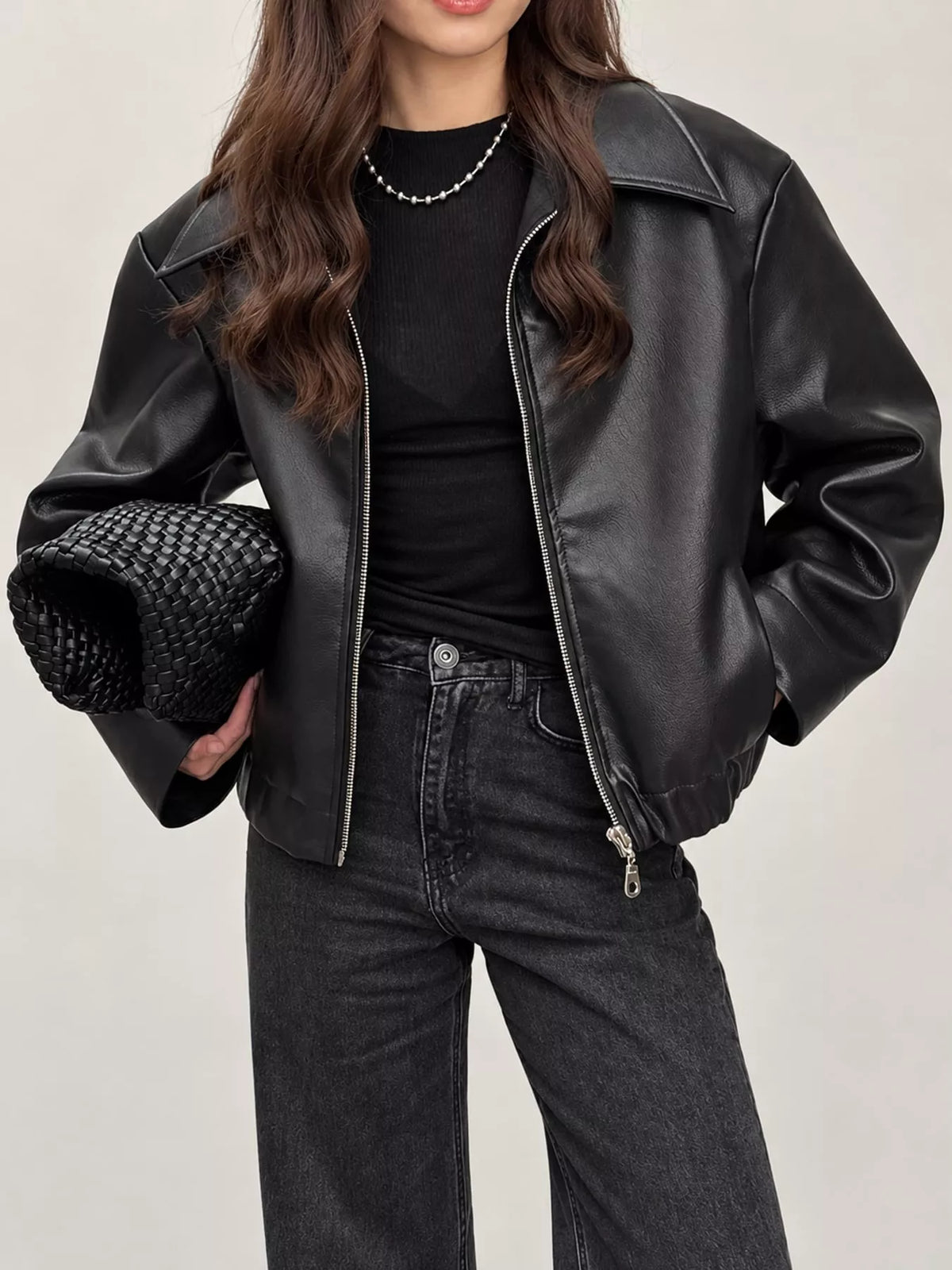 Vintage Faux Leather Zip-Up Jacket — front view