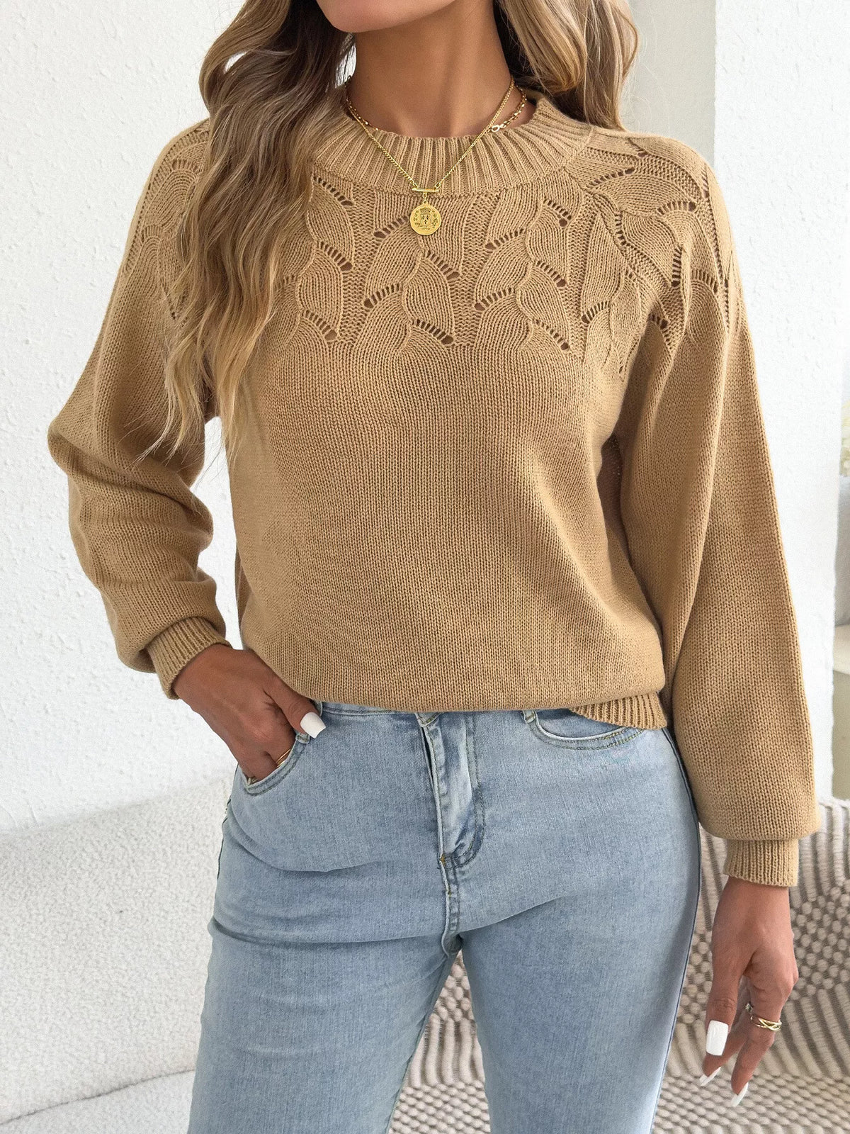 Khaki openwork crew neck sweater
