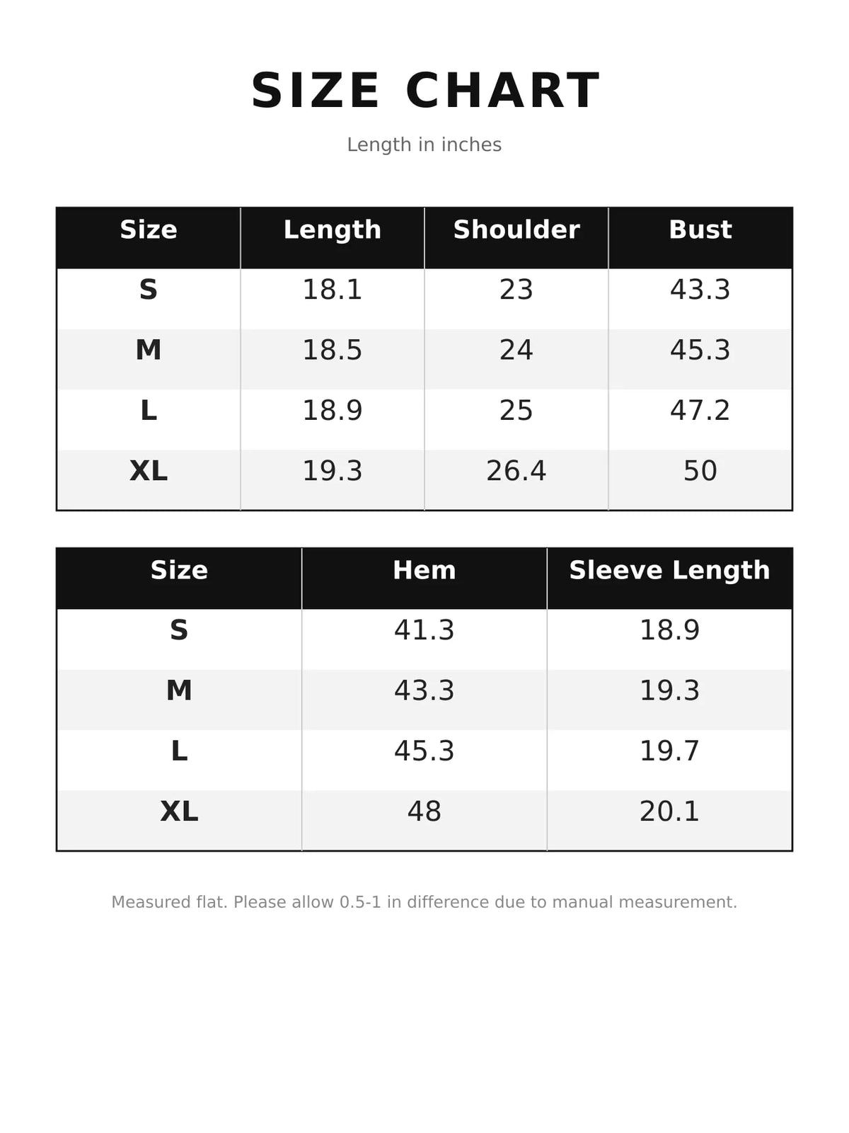 Cropped hoodie, size chart