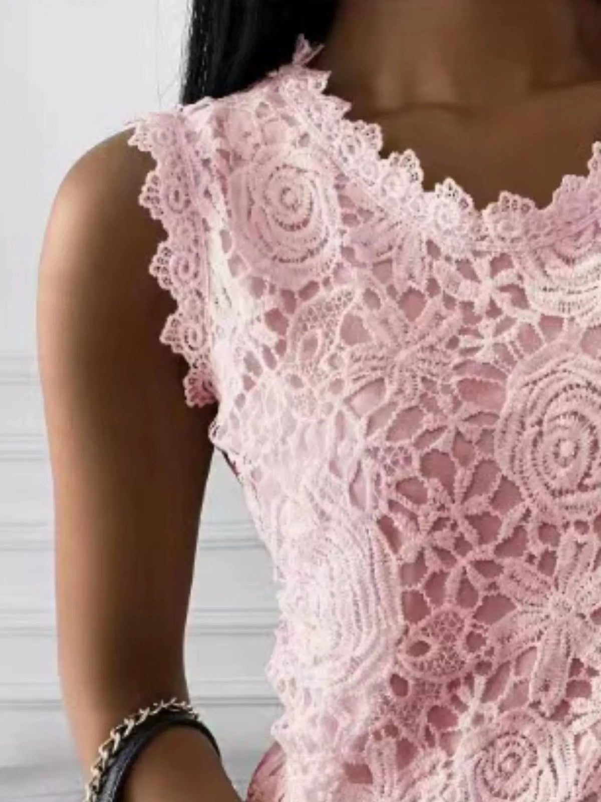 Floral Lace Sleeveless Top, detail view in pink