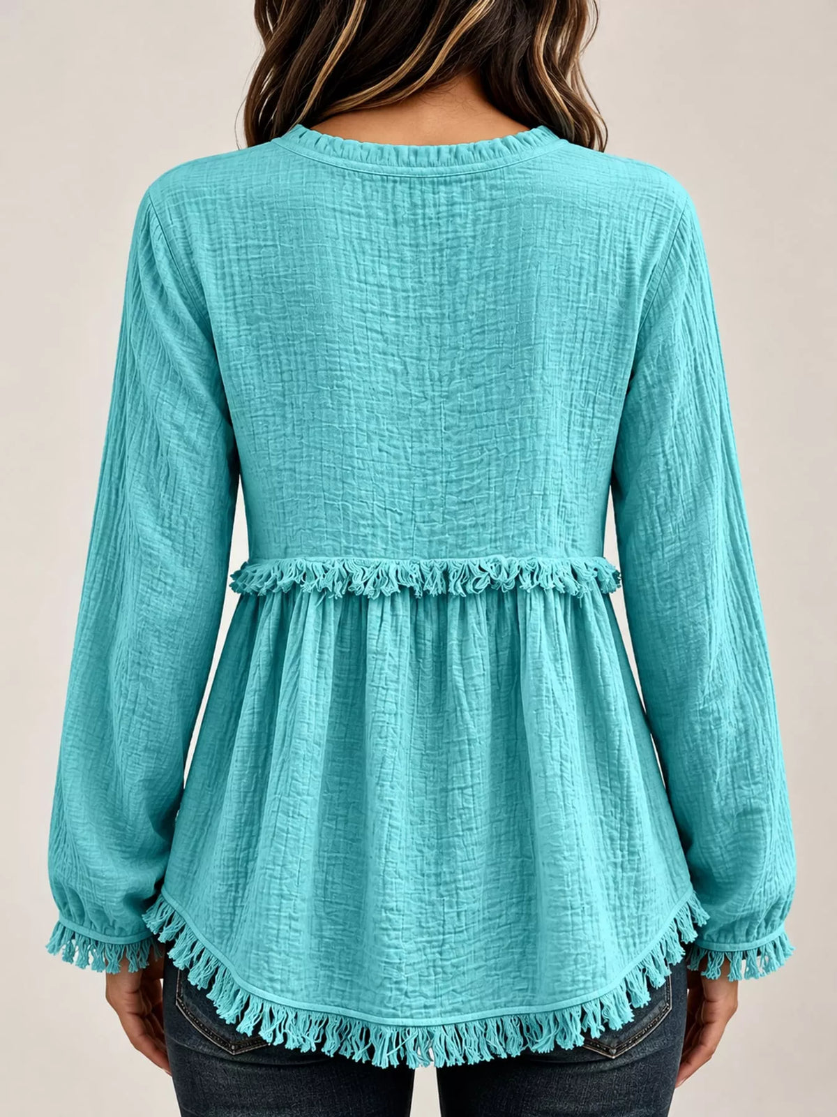 Frayed-hem blouse, teal back