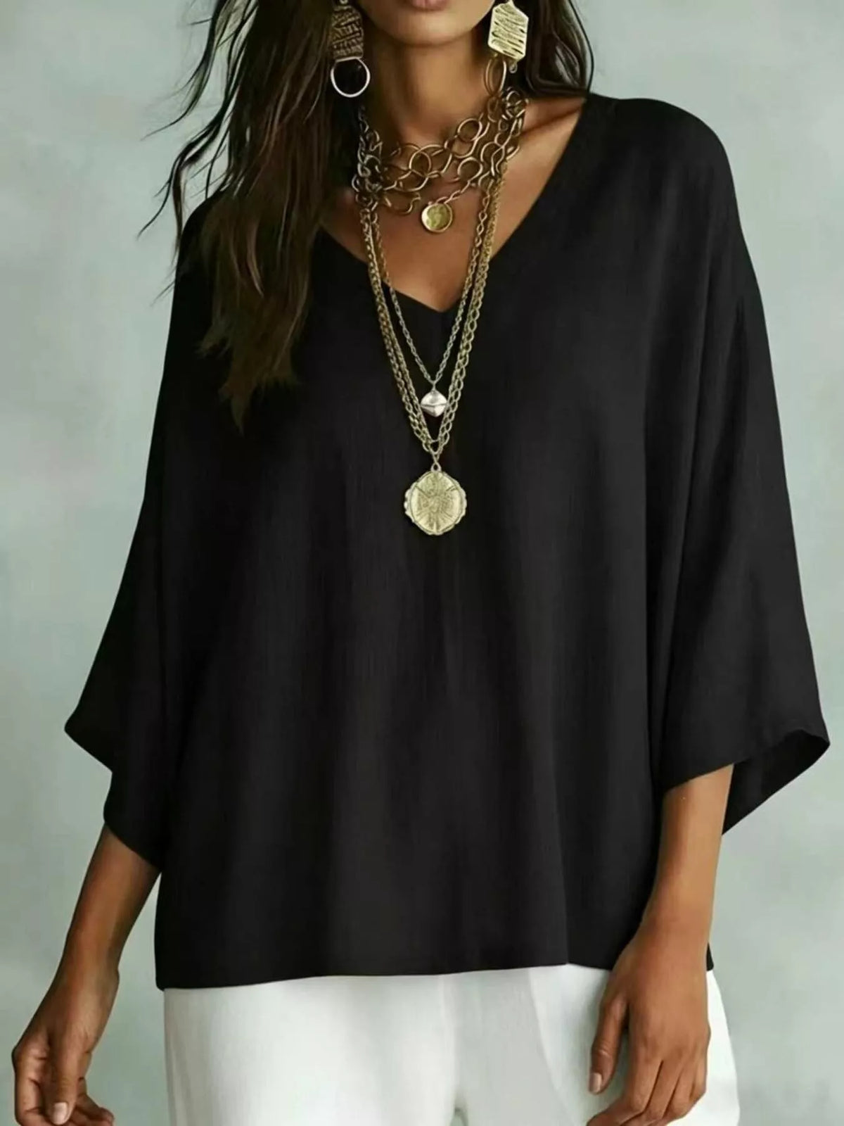 Black V-Neck Loose Fit T-Shirt front view
