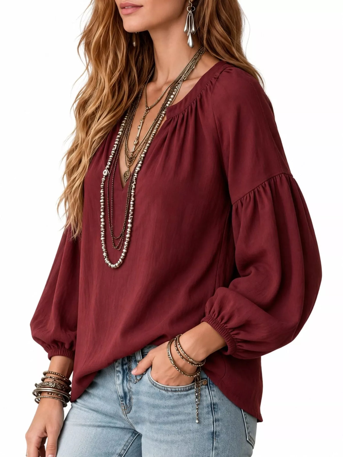 Notched Balloon Sleeve Blouse in burgundy, side view