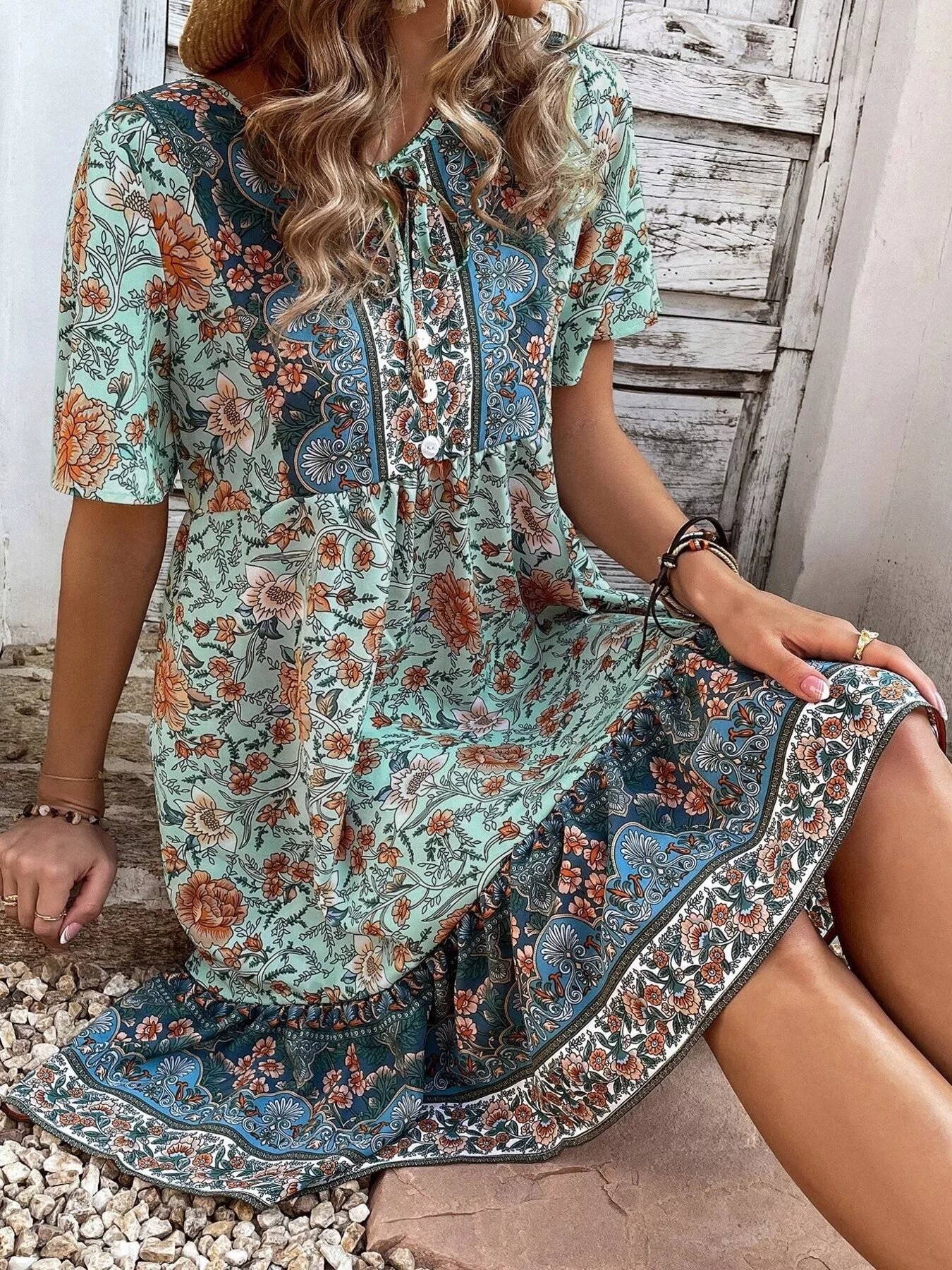 Trendsi Floral Print Tie-Neck Ruffle Hem Mini Dress -