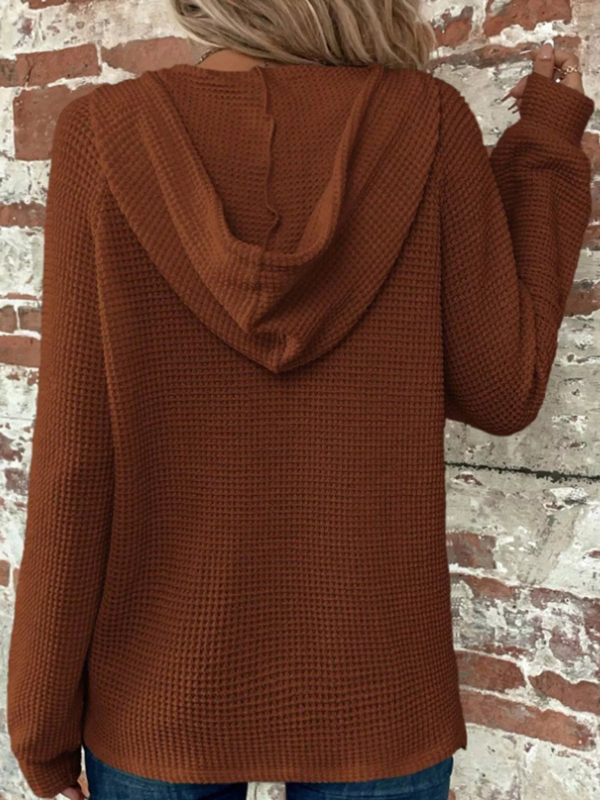 Brown waffle knit button-detail hoodie, back view