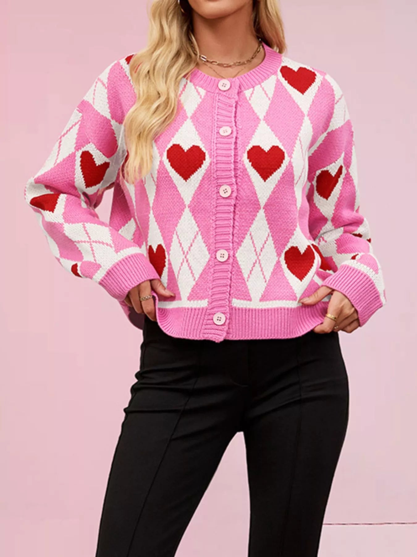 Trendsi Argyle Heart Pattern Button-Up Knit Cardigan -