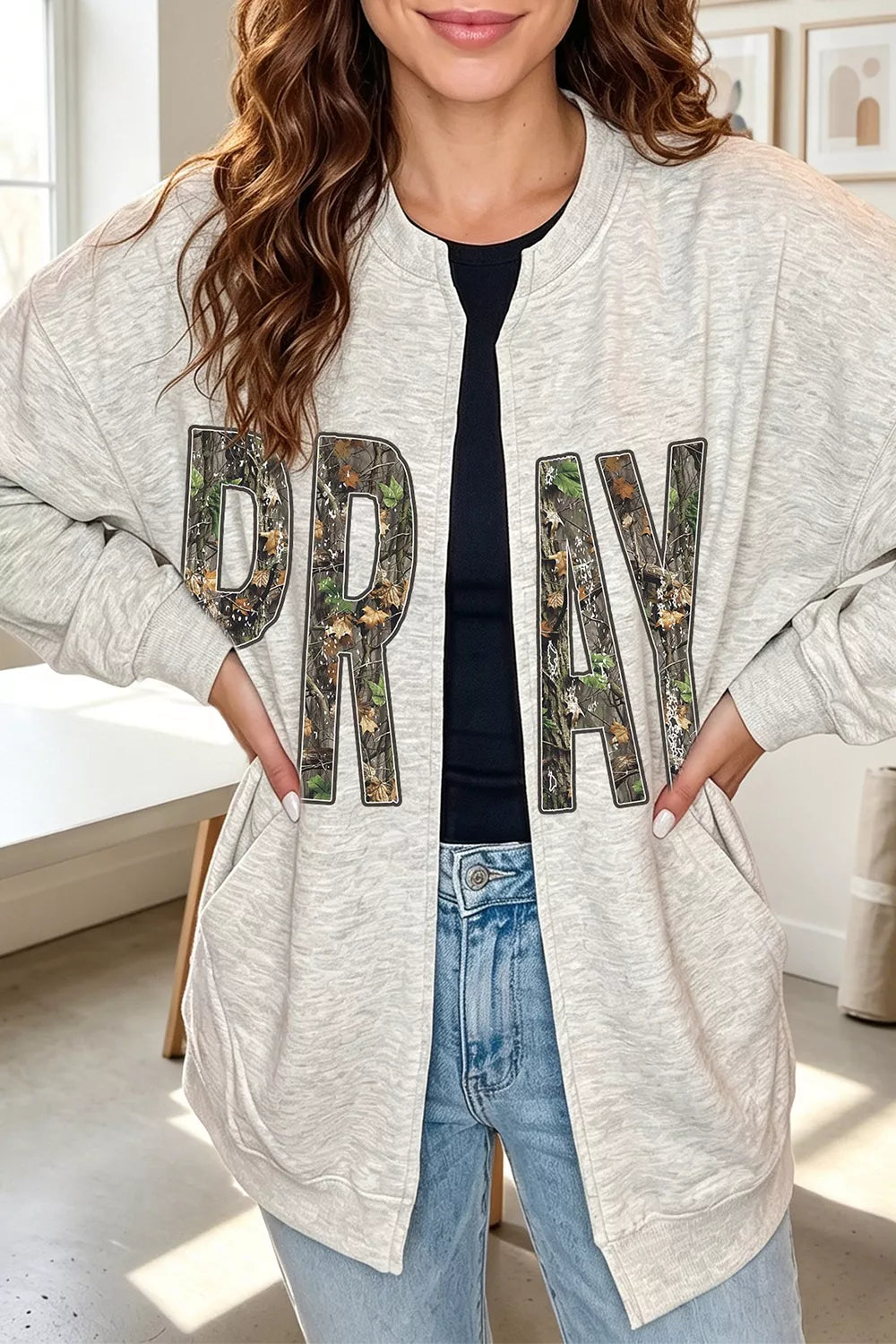 Women's Camo Print PRAY Letter Open Front Tunic Sweatshirt in Light Gray, front view